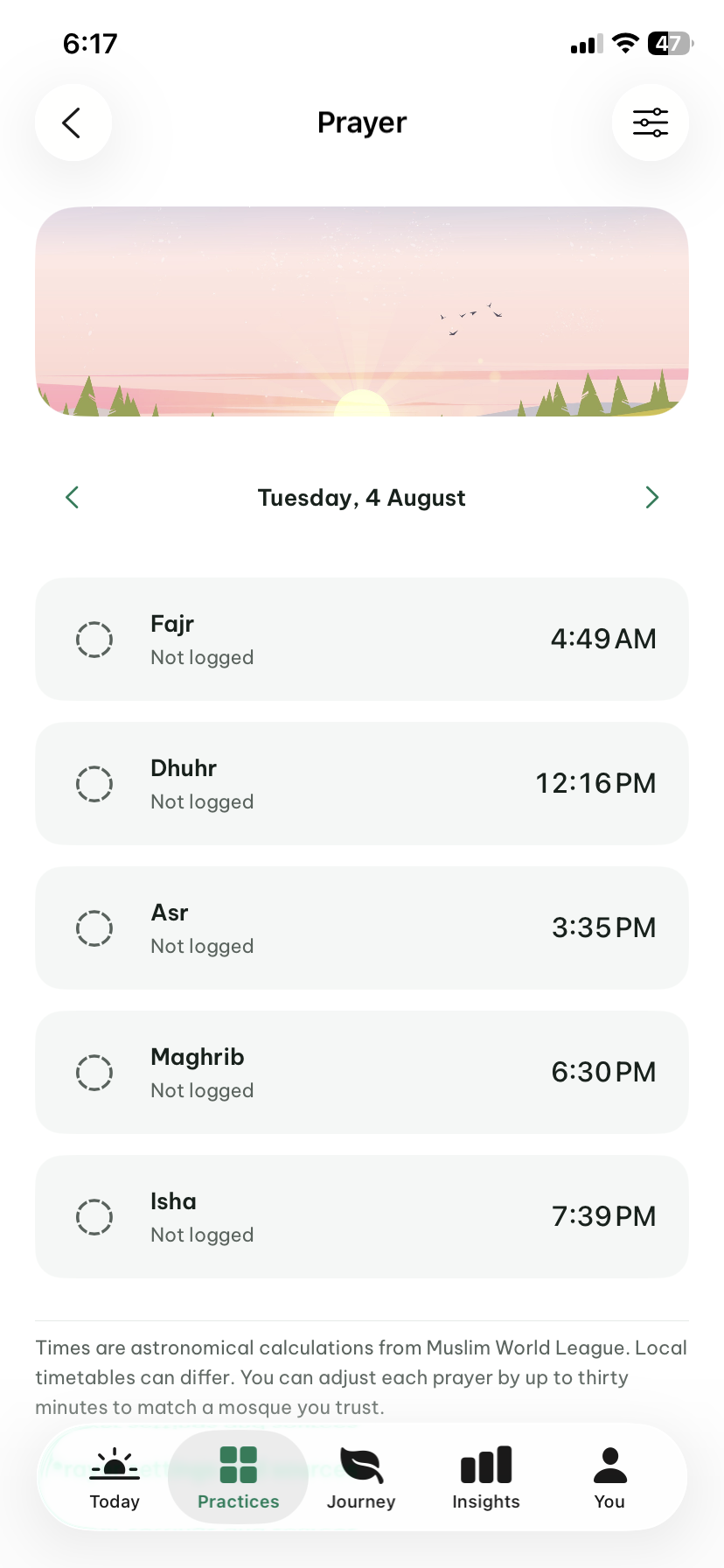 Prayer screen showing the five daily prayer times