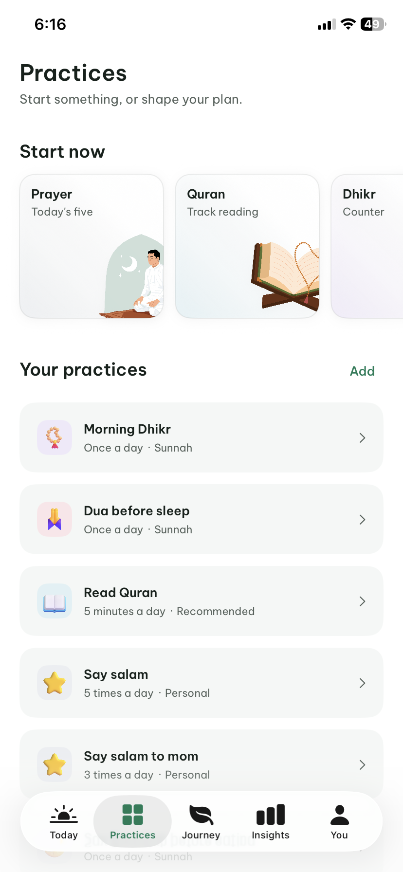 Noor Habits Practices screen on iPhone